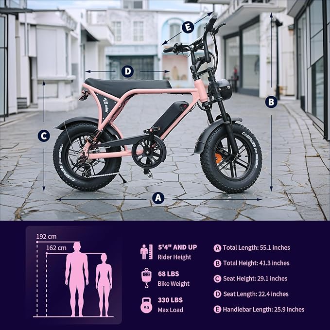 Electric Bike for Adults, Fat Tire EBike, 36V 10.4Ah Removable Battery, 500W Upgrade Motor, 20MPH Commuter Bike, V8 Mini Electric Bicycle for Mountains, Snow, Sand, Road