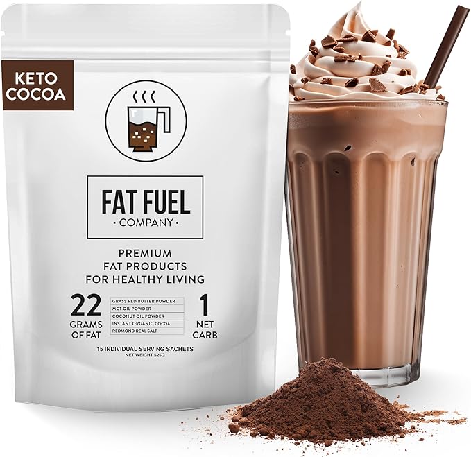 Fat Fuel Keto Cocoa 22g Premium Fats - with Grass Fed Butter, MCT Oil, Coconut & Redmond Real Salt - Instant Organic Cocoa, One Net Carb, A True Meal Replacement - 15 Servings