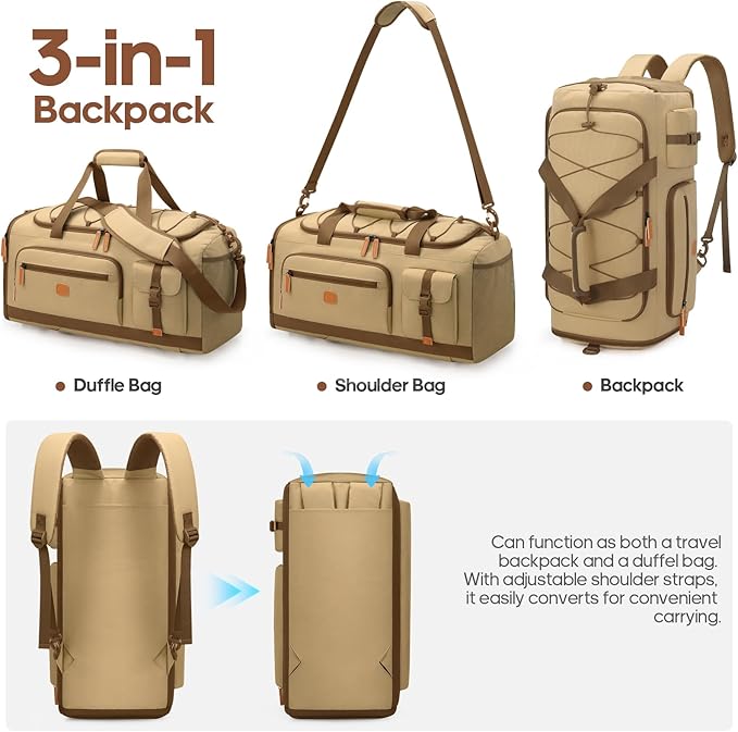 Gym Bag for Men and Women with Shoe & Laptop Compartment, 3-in-1 Sports Travel Duffel Bag Anti-Theft Weekender Carry-On Backpack for Airplane & Workout, Overnight Travel Bag,35L (Khaki, Medium)
