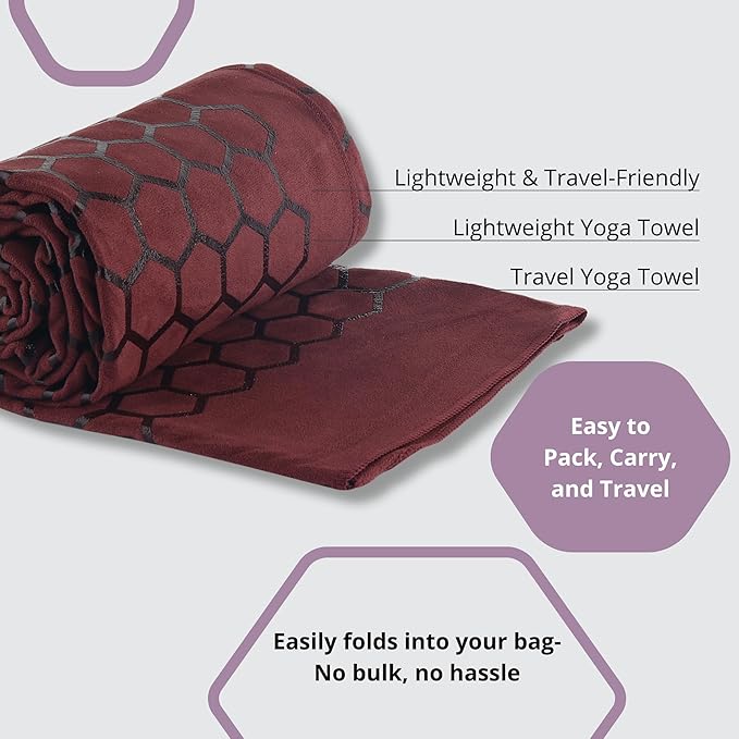 Clever Yoga Non-Slip Hot Yoga Towel – Non-Slip Grip for Hot Yoga, Sweat Absorbent, Honeycomb Silicone Grip, Stays Flat – Ideal for Pilates, Travel, Washable & Lightweight - Burgundy