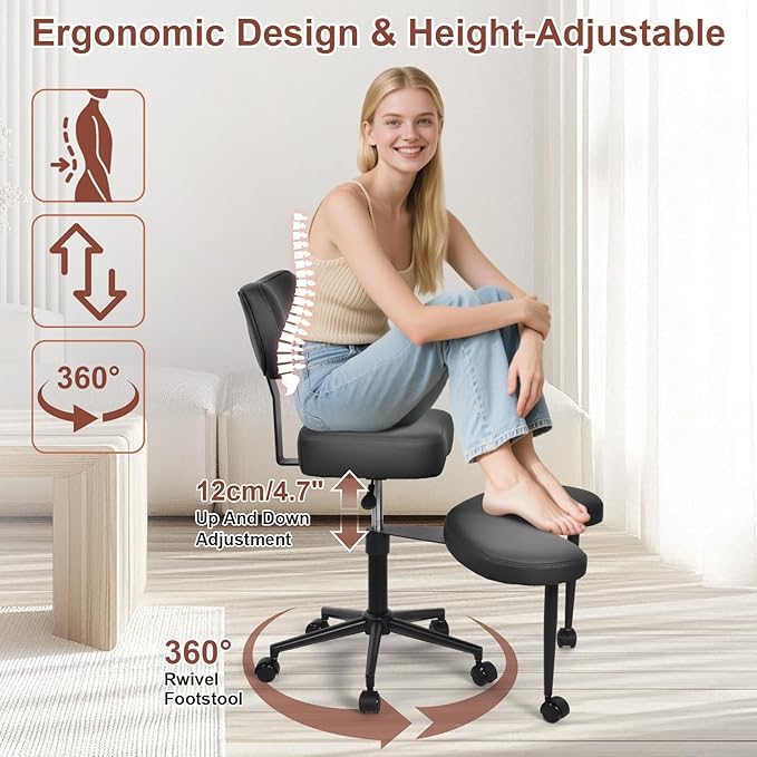 Meditation Chair Cross Legged ADHD Office Chair for Adults with Wheels Ergonomic Back Support and Leg Rest for Multi Position Criss Cross Sitting Kneeling and Yoga Height Adjustable, Leather Style