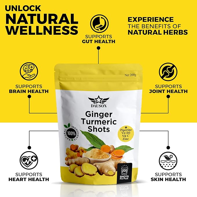 Ginger Turmeric Supplements with Piperine, Orange, Vitamin C, Vitamin D3 & Zinc | Ginger Turmeric Shots for Joint, Heart, Brain, Gut & Skin Health | 200 Servings | Ayurvedic | Powder