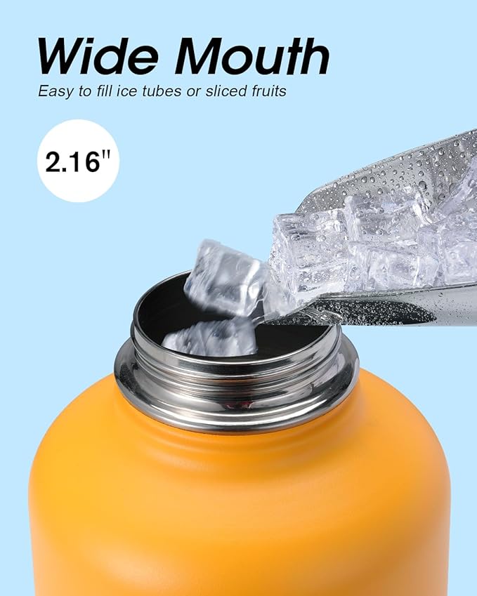 Half Gallon Water Bottle Insulated with Straw & 3 Lids, Coolflask 64 oz Water Jug Large Metal Stainless Steel Wide Mouth for Sports, Gym or Office, Non-BPA Keep Cold 48H Hot 24H, Ombre Yellow/Orange