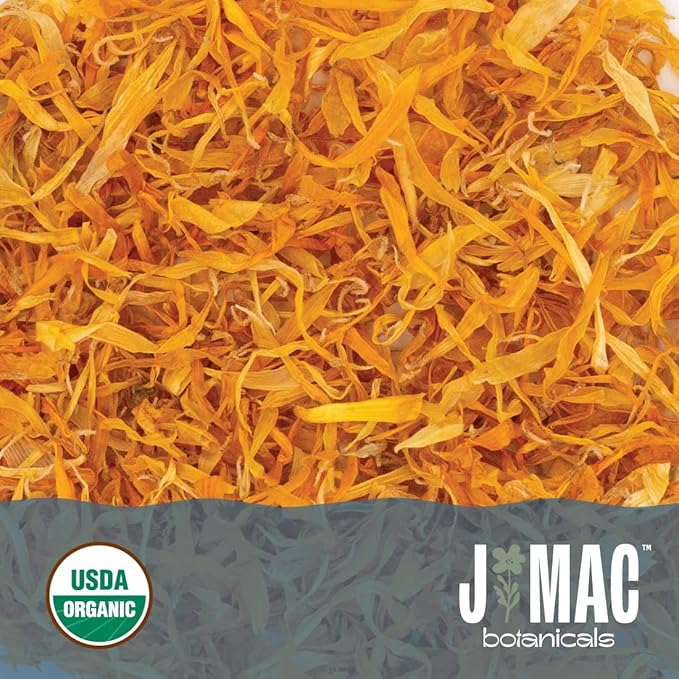 J Mac Botanicals, Organic Calendula Petals (12 oz) edible dried flowers petals, pairs well with edible dried rose petal, edible flowers for ice cubes, edible flowers for food, beverages, bath bombs
