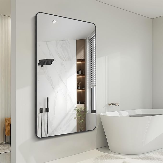 FORBATH Large Bathroom Mirror 36 x 55 Inches，Black Large Wall Mirror Aluminum Frame Wall Mounted Rounded Corner Morndern Mirror for Bathroom Bedroom Entryway Living Room