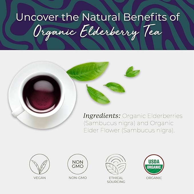 Starwest Botanicals Organic Elderberry Tea - Caffeine Free Herbal Tea Blend, Immune System Support, String Free Sachets, USDA Organic Elderberries & Elder Flower, Non GMO - 20 Tea Bags