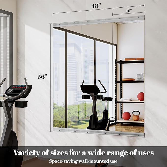 Home Gym Mirror - 3 PCS 16×56 inches, Large Frameless Wall Mounted Full Length Body Mirror for Dancing Studio, Exercise, Fineness, Yoga, Tempered Glass