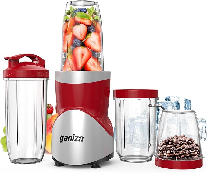 Ganiza Smoothie Blender, 900W Blenders for Shakes and Smoothies, 15-Piece Personal Blender and Grinder Combo for Kitchen, Smoothies Maker with 4 BPA-Free Portable Cup, Nutritious Recipe Red