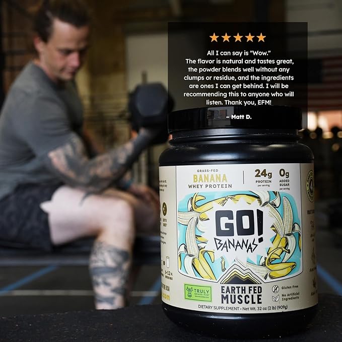 Earth Fed Muscle Go! Bananas Irish Grass‑Fed Whey Protein Isolate – All Natural Banana Flavor, Zero Added Sugar, Soy‑Free, Gluten‑Free (2lb, 27 Servings, Banana)