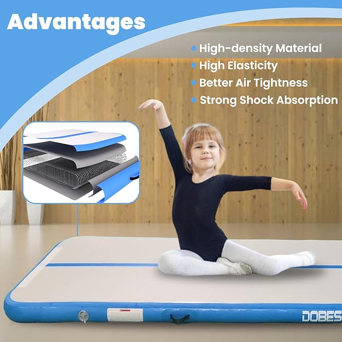 DOBESTS Inflatable Air Gymnastics Mat Tumbling Mat Tumble Track Gymnastics Training for Kids Home 6.6 feet 10 feet 13feet 16feet 20feet 4/8inch Thick for Cheerleading Dance Yoga Cheer Water With Pump