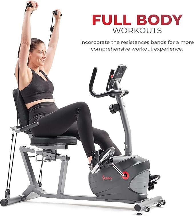 Sunny Health & Fitness Smart Indoor Recumbent Bike Trainer, Home Full Body Workout & Cardio Cycling Machine for Seniors, Free SunnyFit Bluetooth Connect, Optional Arm Exerciser Hand Cycle & Bands