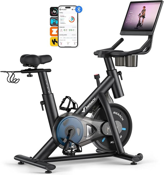 MERACH Exercise Bike, Brake Pad Stationary Bike with Exclusive App, Low Noise Indoor Cycling Bike with 300lbs Weight Capacity, Tablet Mount and Fitness Courses for Weight Loss