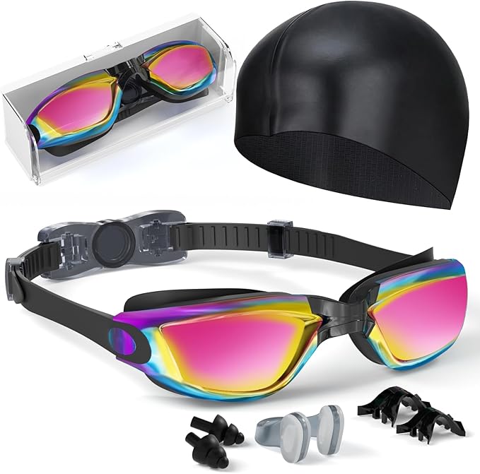 Kids Swim Goggles, Swimming Goggles for Kids Toddlers 3-14 with Swim Cap, Nose Clip, Nose Bridge, Ear Plugs