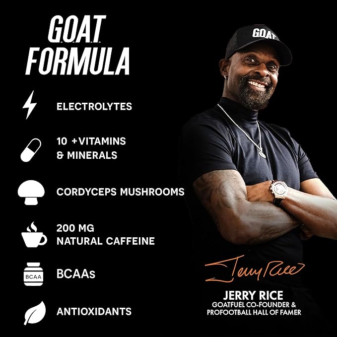 G.O.A.T. Fuel Energy Drink, Co-Founded by Jerry Rice, Natural Caffeine, Electrolytes, BCAAs, Cordyceps Mushrooms & Antioxidants, Light Carbonation Pre Workout, 12 Pack, 12 FL Oz, Blueberry Lemonade