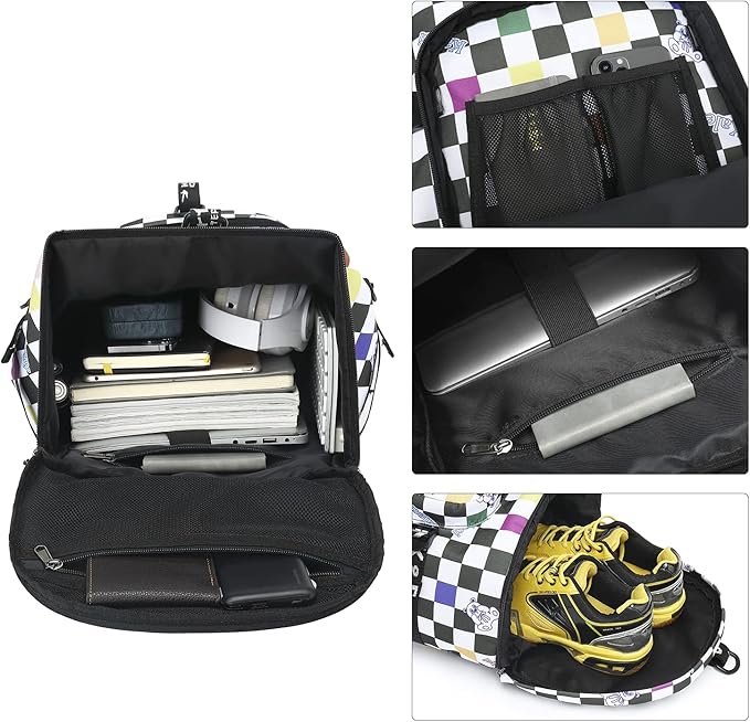 Kalesi Gym Duffle Bag Backpack 4-Way Waterproof with Shoes Compartment for travel Sport Hiking laptop (Checkerboard)
