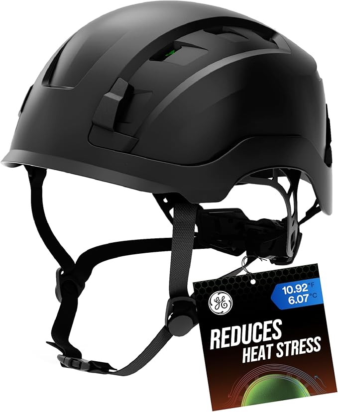 GE Safety Helmet, Impact Absorbing Tech, Adjustable Ratchet, ANSI Type 1, Memory Foam Padding, Hard Hats Protection, Lightweight, Durable, Chin Strap, Comfortable Fit OSHA Approved