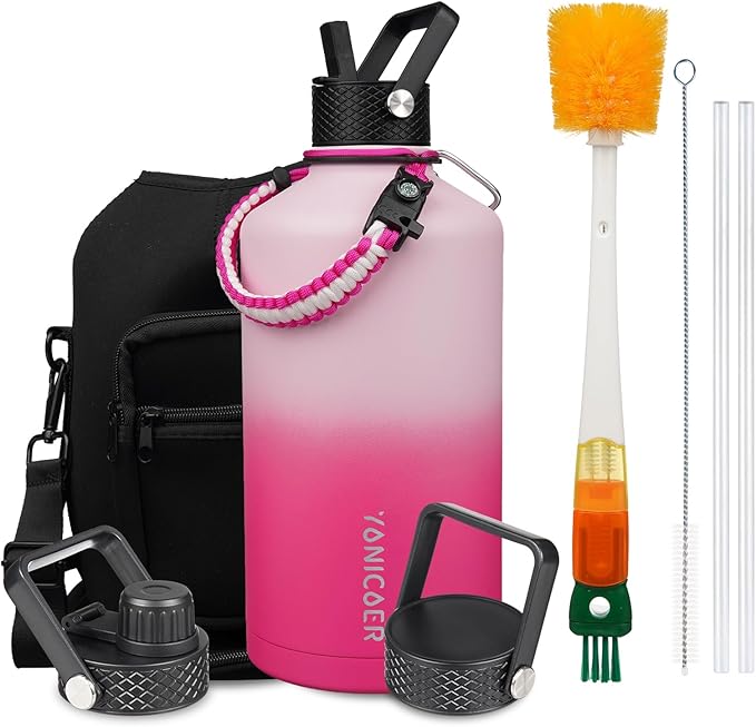 Insulated Water Bottle 64oz,Triple Wall Vacuum Stainless Steel(Dishwasher Safe),Leak Proof & Non-BPA,Flask Jug with Paracord Handle & Straw Spout Lids Sports
