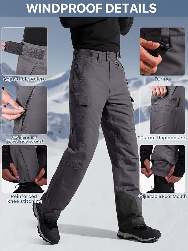 FREE SOLDIER Men's Waterproof Snow Insulated Pants Winter Skiing Snowboarding Pants with Zipper Pockets