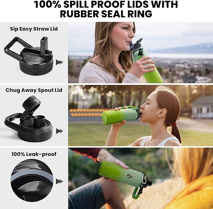 Insulated Water Bottle 40 oz, Triple Wall Vacuum Stainless Steel (Cold for 48 Hrs), Leak Proof & Non-BPA, Modern Water Flask Jug with Paracord Handle & Straw Spout Lids, Ombre Green