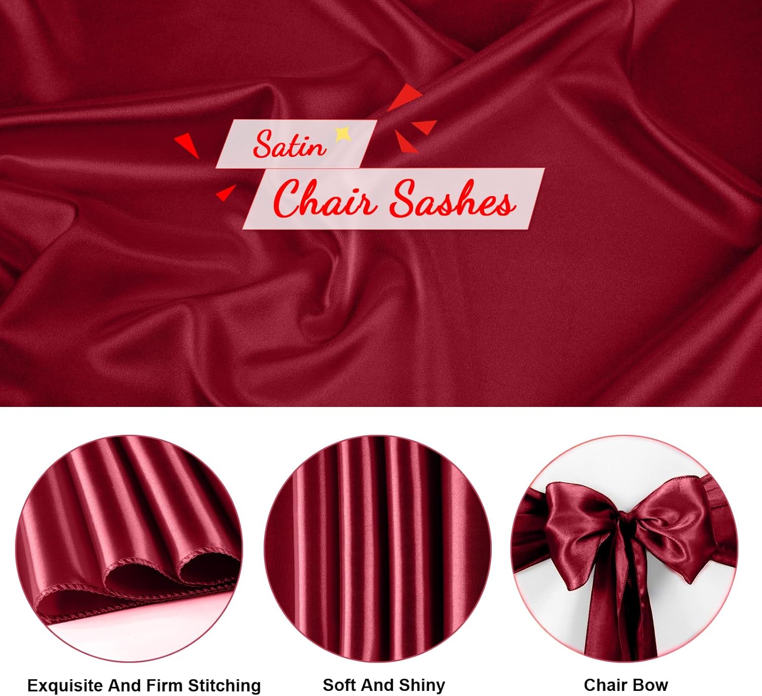 10 PCS Burgundy Satin Chair Sashes Bows Universal Chair Ribbon Ties Back Sash for Wedding Party Reception Events Banquets Hotel Event Chair Cover Decoration (7x108 inch)