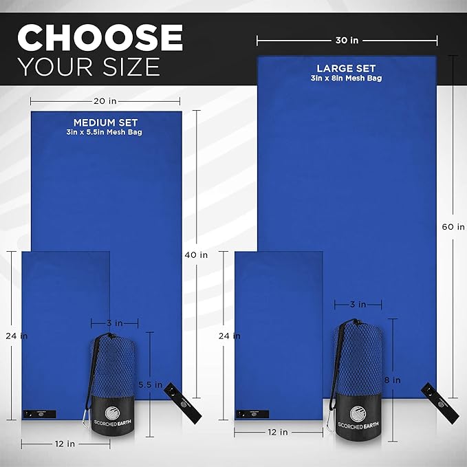 ScorchedEarth Microfiber Travel & Sports Towel Set - Quick Dry, Super Absorbent, Compact, Lightweight - for Camping, Backpacking, Hiking, Beach, Yoga, Swimming - Includes 2 Sizes + Carrying Bag & Clip