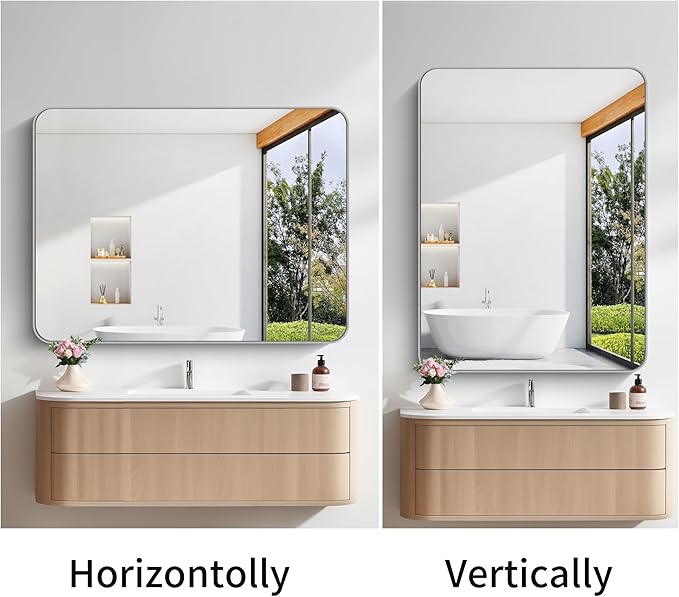 FORBATH 36x48 Inch Silver Bathroom Mirror for Over Sink, Large Rectangular Wall Mirror with Metal Frame, Rounded Corners for Bathroom, Bedroom, Entryway Decor (Horizontal or Vertical)