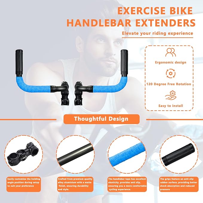 Handlebar Extender for Peloton Indoor Exercise Bikes, 1 Pair of Ultimate Handlebar Extension of Peloton Accessories (Sheep-horn (with Blue Tapes & Grips))