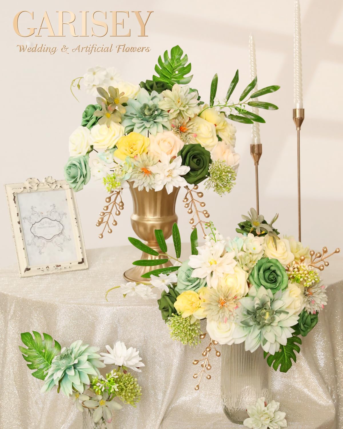 Artificial Flowers Combo, Mix Silk Flowers Roses, Peonies, Dahlias with Stems for DIY Wedding Bridal Bouquets, Baby Shower, Table Centerpieces, Home Decor, Fake Floral Arrangements-Elf Green