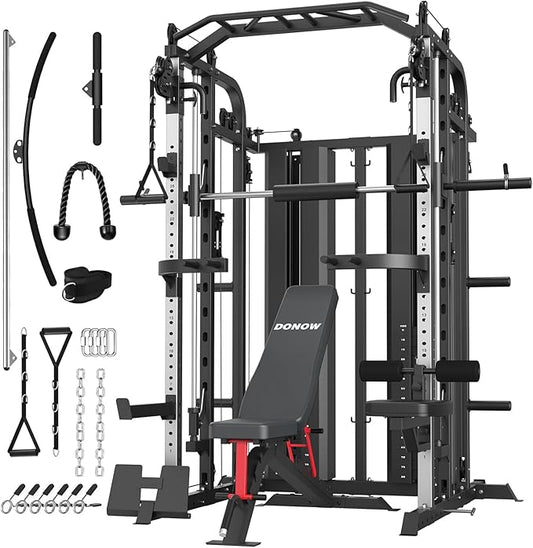 DONOW Smith Machine with Weight Stacks Power Cage Squat Rack Dual Cable Crossover Machine Home Gym Systems Station LAT Pull Down