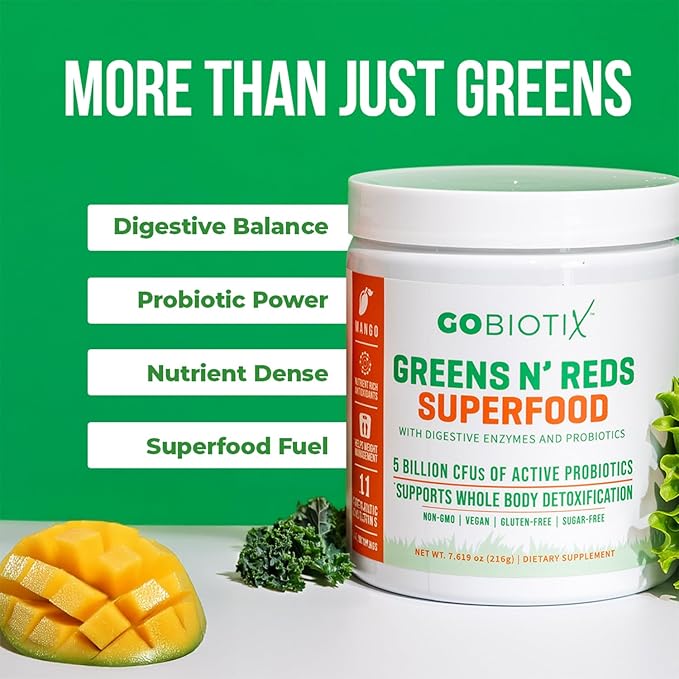 GOBIOTIX Super Greens and Reds Powder - Red and Green Superfood - Probiotic Supplement - Digestive Enzymes and Beet Root Powder - Organic Whole Foods Dietary Supplement (Mango, 3 Pack)