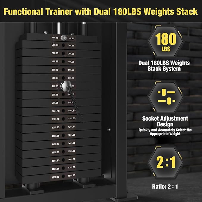 Functional Trainer Cable Machine, Cable Crossover Exercise Machine for Home & Commercial Gym, All in One Home Gym System Cable Machine and Dual Weights Stack for Cable Workout