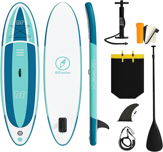 Inflatable Stand Up Paddle Board with SUP Accessories & Backpack. Paddle Boards for Adults. Non-Slip Deck, Wide Stance, Bottom Fin, Double Action Pump.