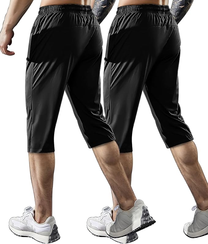 Men's Capri Pants 3/4 Joggers Gym/Workout/Hiking Below Knee Long Shorts Lightweight Quick Dry with Zipper Pockets
