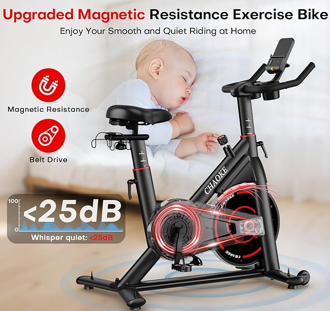 Exercise Bike, CHAOKE Quiet Magnetic Resistance 300LB Capacity Stationary Bike for Home with App Compatible, Indoor Bike with Comfortable Seat and Digital Display