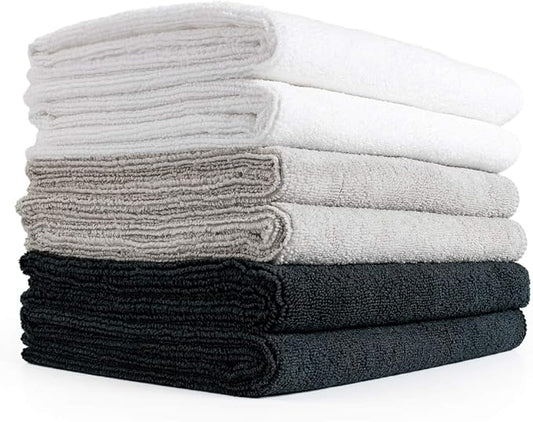 The Rag Company Microfiber Spa and Yoga Towel - Soft and Absorbent Towel for Gym, Spa, Exercise, Hotel, and Resort Use - Dries Fast - 16x27 inches - White, Ice Grey, Black, 6-Pack