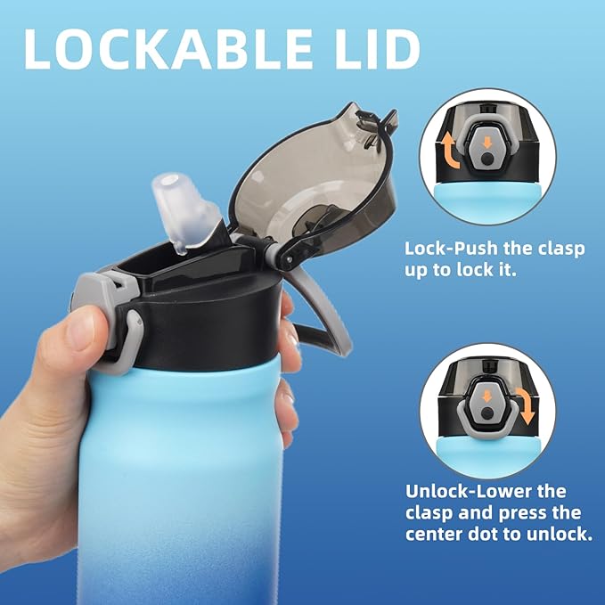 Insulated Water Bottle with Straw and Carry Loop,18 oz Stainless Steel Double Wall Vaccum Metal Water Flask with Leak-proof Lid,Sky