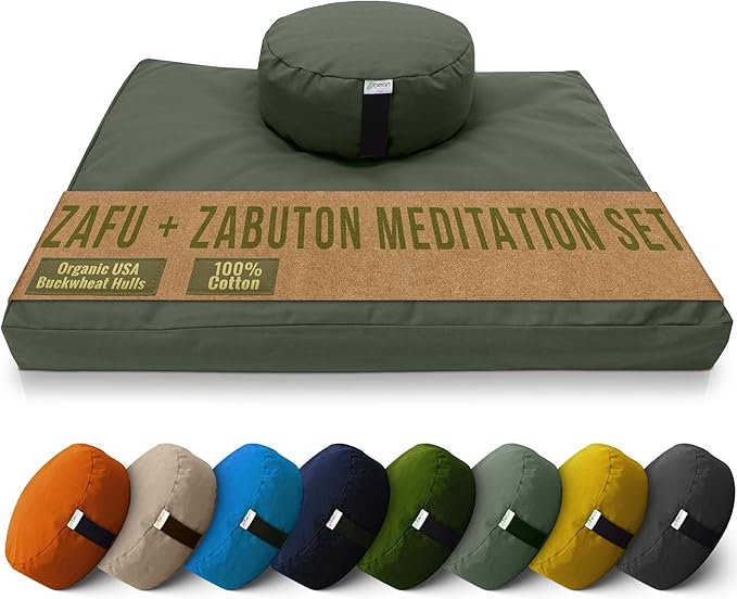 Bean Products Meditation Cushion Mat Set - Zafu Floor Pillow Organic Buckwheat Pillow + Cotton Filled Zabuton Prayer Pad - Meditation Pillow Yoga Knee Pad - Made in USA - 14" Round or 18" Oval