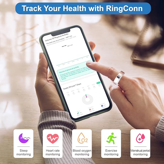 Health Tracker Smart Ring for Men Women-IP68 Waterproof Sleep Tracker with Heart Rate/Blood Pressure/Blood/Physiological Cycle/Oxygen Tracking, Step Counter, iOS & Android Compatible (7#)