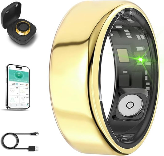 Smart Ring for Men Women with Black Charging Box, Bluetooth, Health Ring , IP68 Waterproof, Fitness Ring Tracks Heart Rate/Sleep/Steps/Sports Activities/Blood Oxygen,non-subscription app (Gold, 13)
