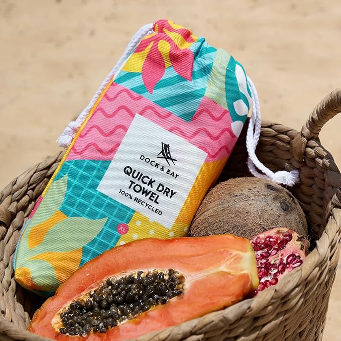 Dock & Bay Beach Towel - Quick Dry, Sand Free - Compact, Lightweight - 100% Recycled - Includes Bag - Good Times & Tan Lines - Extra Large (200x90cm, 78x35)