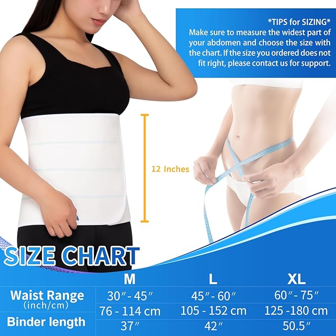 S Abdominal Binder Post Surgery for Men and Women, 12" High Postpartum Tummy Tuck Belt Provides Bariatric Stomach Compression, High Elasticity, Breathable - (45" - 60") 4 PANEL White