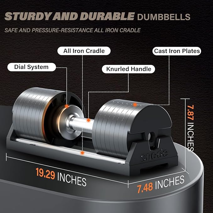 SNODE AD80 Drop Proof 80 lbs Adjustable Dumbbell Set -Adjustable Weights with Cast Iron Plates and Cradle, Knurled Handle, Fast Adjust, Compact Home Gym Equipment for Bench & Press