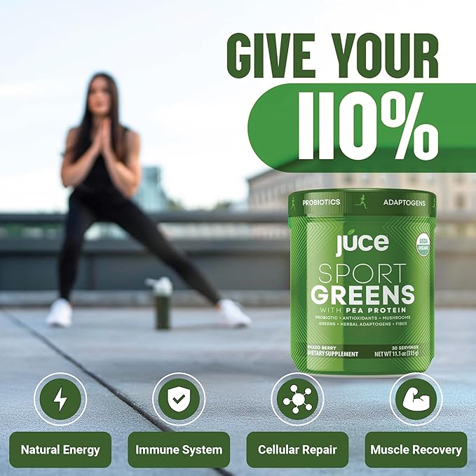 Juce SG7 Sport Greens Powder Supplement | Organic Plant Based Protein | Green Juice Powder | Probiotics | Mushrooms | Mixed Berry Flavor | 30 Servings | By Terra Kai Organics