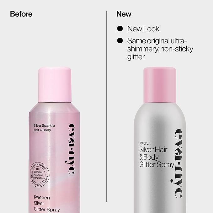 Eva NYC Kweeen Silver Hair and Body Glitter Spray - Our Original Ultra Shimmery Glitter, New Look - Adds Shine + Non-Sticky - Quick Drying Sparkle Spray - Warm Vanilla Scent - 4.9 oz