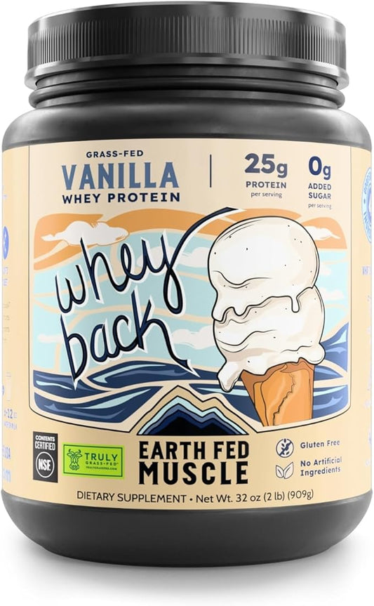 Earth Fed Muscle Whey Back Irish Grass Fed Whey Protein Isolate - NSF-Certified. No Artificial Ingredients, Soy Free, Gluten Free, Non-GMO and Hormone Free (2 Pound, 29 Servings, Vanilla)