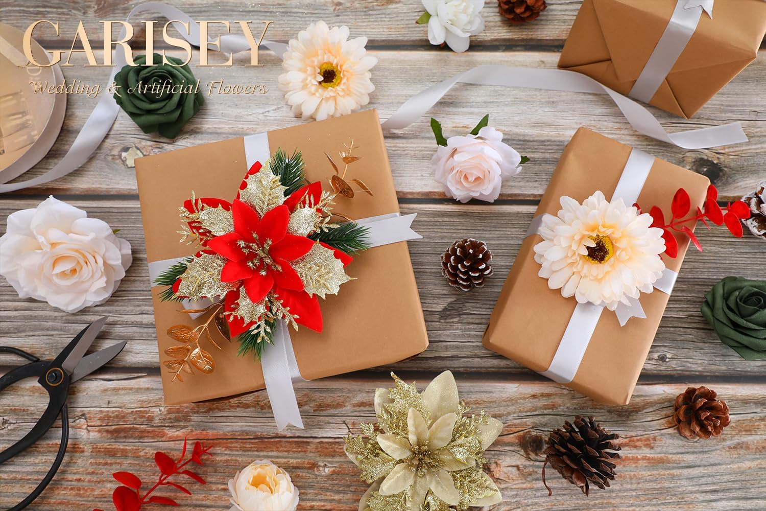 Christmas Artificial Flowers Poinsettia Flower Mix Silk Flowers Fake Roses with Stems for DIY Table Centerpieces Christmas Tree Xmas Wreath Holiday Home Party Decor