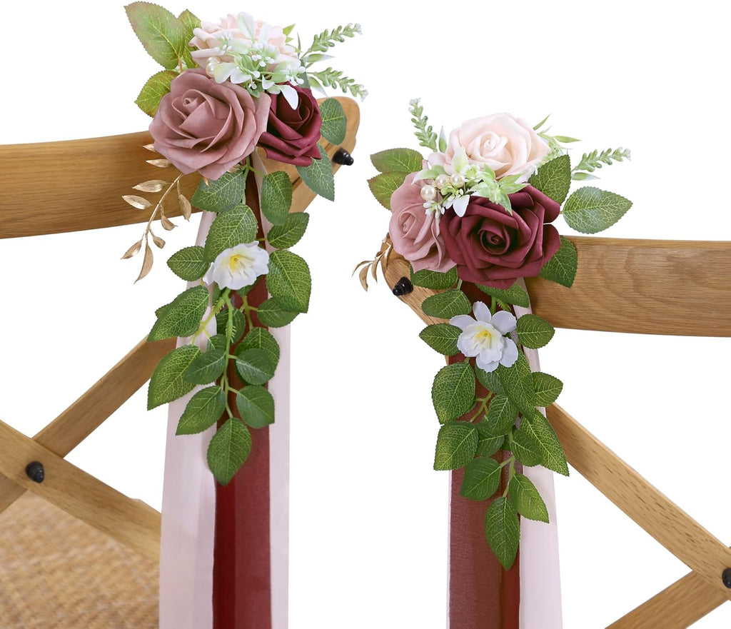 10 Wedding Aisle Decorations for Ceremony - Burgundy Chair Flowers for Aisle Decor - Church Pew Decorations