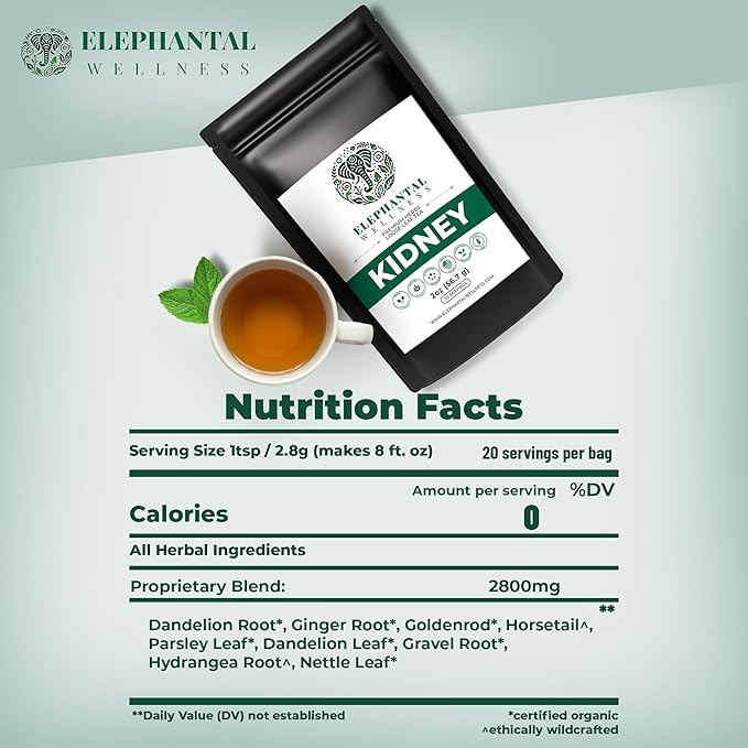 Elephantal Wellness Premium Kidney Herbal Tea | Urinary Tract & Kidney Support with Dandelion, Gravel Root, Goldenrod & Marshmallow | Handmade, Caffeine-Free, Non-GMO Loose Leaf Blend, 2oz, 20 Servings