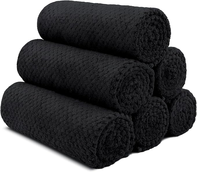 HOMEXCEL Black Gym Towels 6 Packs, (16x27 inches) Highly Absorbent Yoga Towel, Ultra Soft Hand Towels for Daily Use, Fast Drying Microfiber Workout Towels for Gym, Spa, Fitness, Camping, Hotel