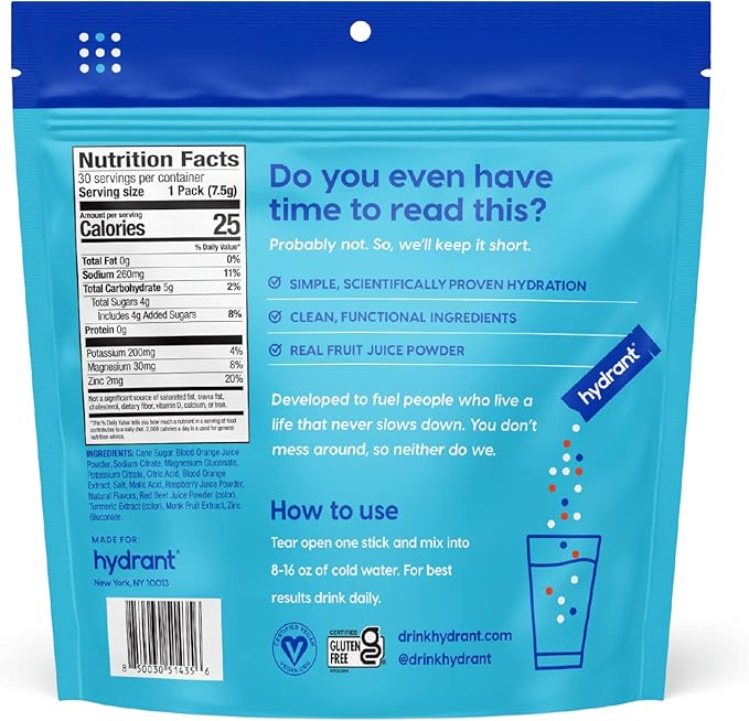 HYDRANT Hydrate, Individual Hydration Electrolyte Powder Stick Packets with No Artificial Sweeteners, Colors, or Fillers (Blood Orange, 30 Pack)